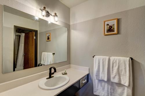 a bathroom with a sink and a mirror and towels at Loyal Duke Lodge in Salida