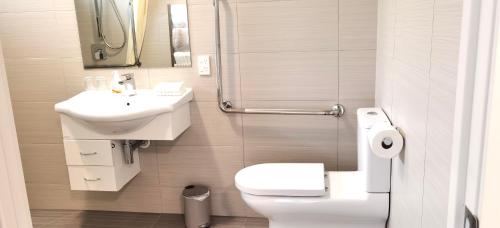 a bathroom with a toilet and a sink and a shower at Road Sun Tourist Lodge in Dunedin