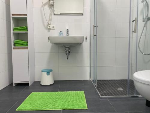a bathroom with a sink and a shower with a green rug at Stilvoll Wohnen in Oldenburg Kreyenbrück Apartments in Oldenburg