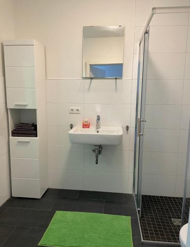 a bathroom with a sink and a shower with a mirror at Stilvoll Wohnen in Oldenburg Kreyenbrück Apartments in Oldenburg