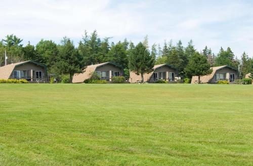 a large grass field with houses in the background at Silver Dart Lodge in Baddeck