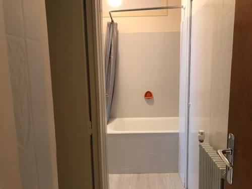 y baño con ducha y cortina de ducha. en Appartement 4 personnes avec Wifi Centre La Bourboule, en La Bourboule