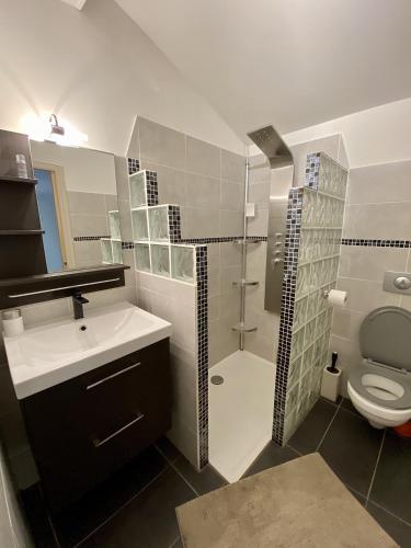 une salle de bain avec toilettes, lavabo et douche dans l'établissement Jolie maison Golfe de Saint-Tropez, à Cogolin