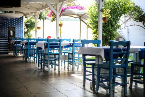 een rij blauwe stoelen en tafels in een restaurant bij Vesta Hotel in Side