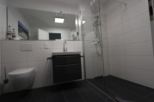 a bathroom with a toilet and a sink and a shower at Strandquartier 10 inkl Wäsche Set in Heiligenhafen