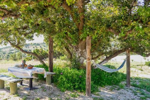 a table and a hammock under a tree at Emmanuela House with garden & sea view - Triopetra in Triopetra