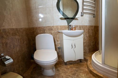 a bathroom with a toilet and a sink and a mirror at Zakarpatskiy Oazis in Karpaty