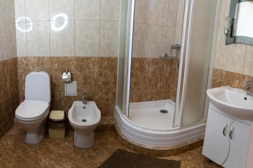 a bathroom with a toilet and a shower and a sink at Zakarpatskiy Oazis in Karpaty