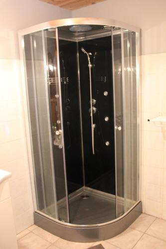 a shower with a glass door in a bathroom at chevrerie de la huberdiere in Liesville-sur-Douve