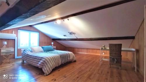 a bedroom with a bed and a desk and a window at Villa les Palmiers - Aux Portes d'Alès in Saint Julien Les Rosiers