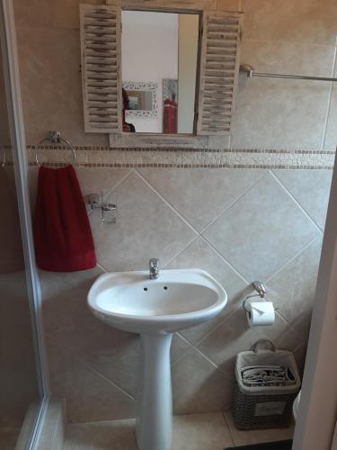 a bathroom with a white sink and a mirror at La Grâce, Durbanville in Cape Town