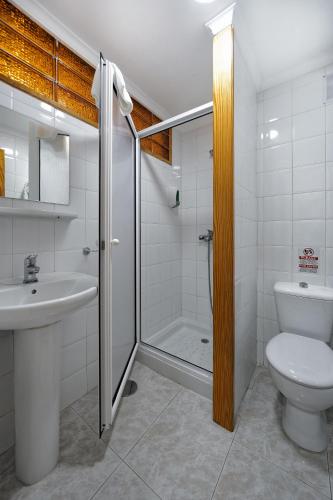 a bathroom with a shower and a toilet and a sink at Apartamentos Strelitzias in Playa del Ingles