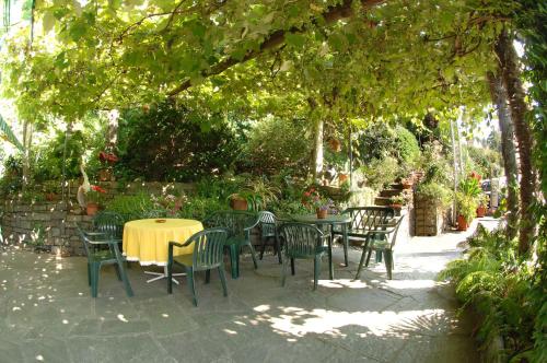 stół i krzesła siedzące pod drzewem w obiekcie Osteria Garni Americana w mieście Cadempino
