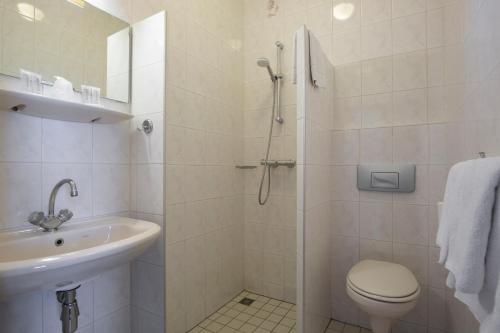 a bathroom with a toilet and a sink and a shower at Hotel Restaurant Mondriaan in Winterswijk