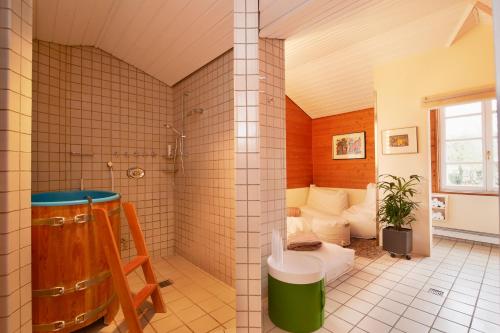 ein Bad mit einer Dusche und einem WC in einem Zimmer in der Unterkunft LindenGut Biohotel in Dipperz