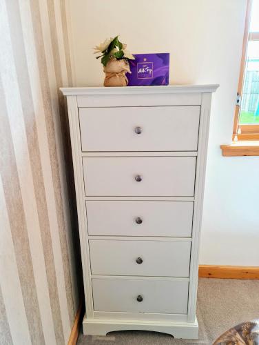 a white dresser with a plant on top of it at New Holliday Villa, Anstruther in Cellardyke