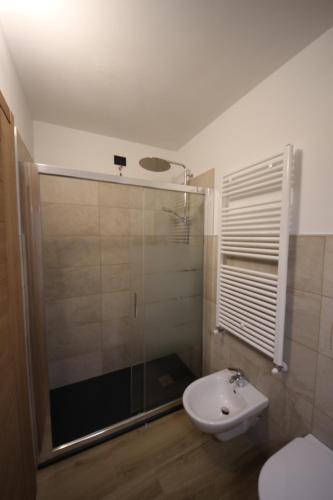 a bathroom with a shower and a toilet and a sink at Belvedere in Auronzo di Cadore