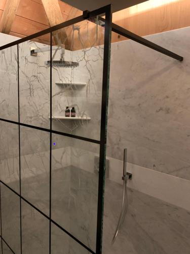 a shower with a glass door in a room at B&B De Rentmeesterhoeve in Reningelst