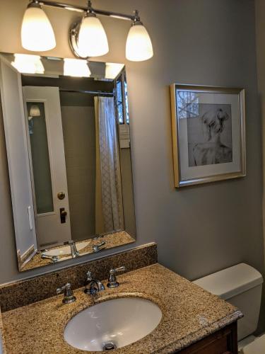a bathroom with a sink and a mirror and a toilet at Stanton House Inn in Greenwich