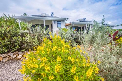 a house with a garden with yellow flowers at Iguane House Villas & Micro Spa in Sainte-Anne