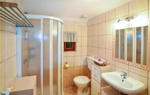 a bathroom with a toilet and a shower and a sink at Three-Bedroom Holiday Home In Gradac in Gradac