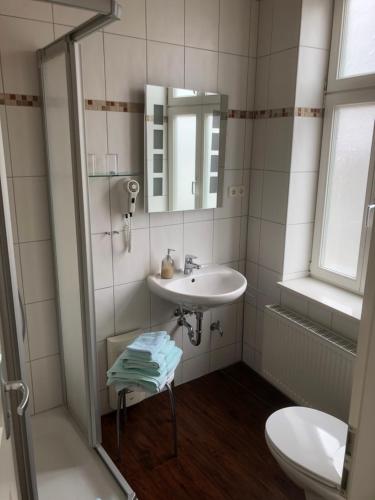 a bathroom with a sink and a toilet and a mirror at Pension Hansehof in Salzwedel