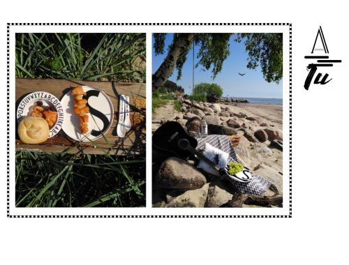 two pictures of a beach with a picture of food at A morze TU in Gdynia