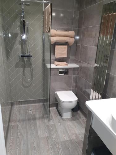 a bathroom with a shower and a toilet and a sink at The Marquis Inn in Aberdare