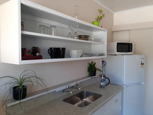 a kitchen with a sink and a white refrigerator at Golden Bay Motel in Takaka