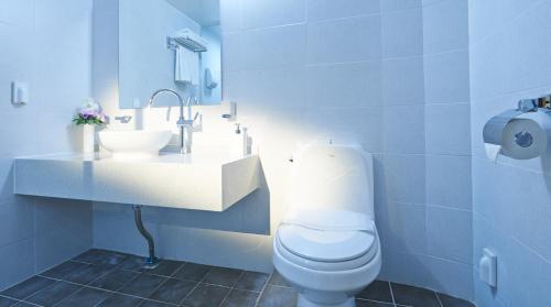 La salle de bains est pourvue de toilettes blanches et d'un lavabo. dans l'établissement Hotel Four Seasons, à Jeju