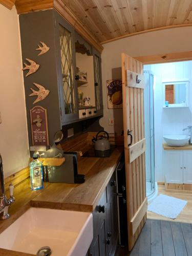 a kitchen with a sink and a counter top at Sheepwash Shepherds Hut in Bebside