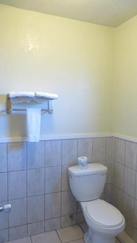 a bathroom with a white toilet in a room at Cloud 9 in Cypress