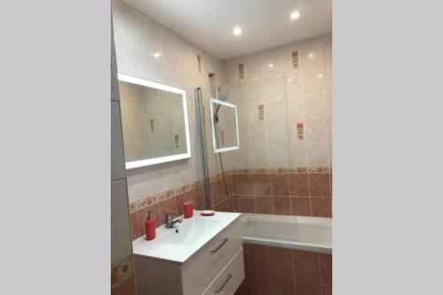 a bathroom with a sink and a tub and a mirror at 02 Bedrooms-Paris-Disneyland-Parking-RER A 3' in Noisy-le-Grand