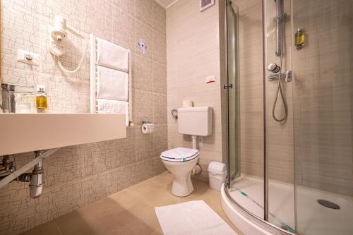 a bathroom with a toilet and a shower and a sink at Hotel Escalade in Poiana Brasov