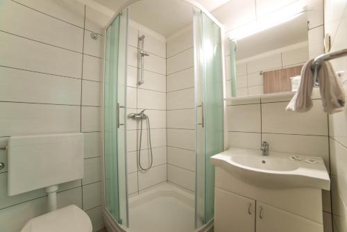 a bathroom with a shower and a toilet and a sink at Centinera Apartments in Banjole