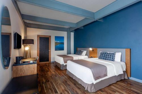 1 dormitorio con 2 camas y pared azul en TRYP by Wyndham San Luis Potosi Hotel & Suites, en San Luis Potosí