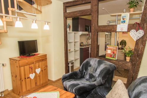 a living room with a chair and a television at Landhotel & Reiterhof Schumann in Triptis