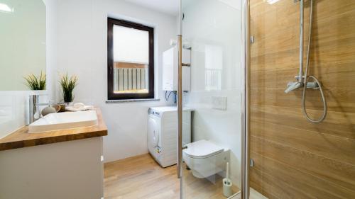 a bathroom with a toilet and a sink and a shower at HELLO Apartament z ogrodem - Alpina in Karpacz