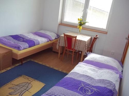 a bedroom with two beds and a table and a table and chairs at Penzion Apartmány Zlín in Zlín