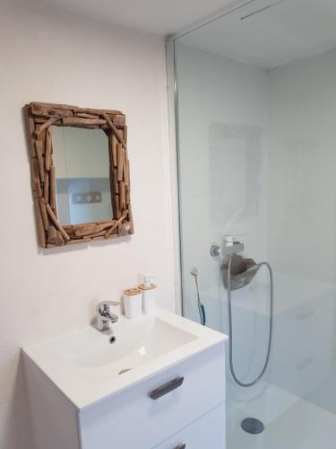 uma casa de banho com um lavatório e um espelho na parede em Studio Chantilly em Coye-la-Forêt