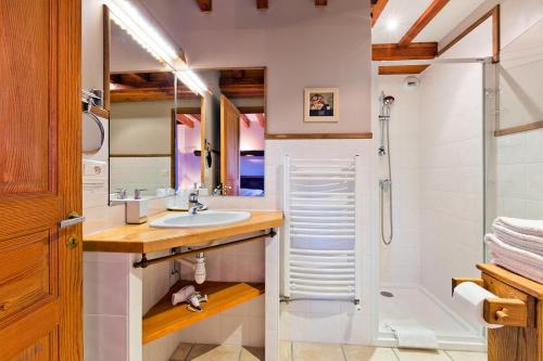 y baño con lavabo y ducha. en Logis Hôtel Auberge de la Hulotte en Saint-Jacques-dʼAmbur
