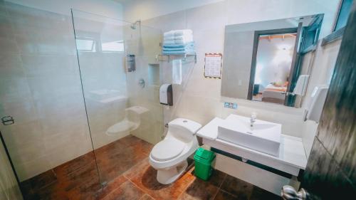 a bathroom with a toilet and a sink and a shower at La Ardilla de Santa Fe by Bernalo Hotels in Santa Fe de Antioquia
