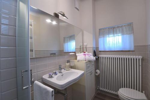 a bathroom with a sink and a toilet and a mirror at Casa di Campagna Pianelli in Pergine Valdarno