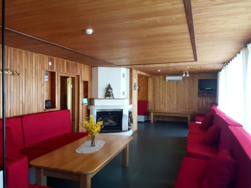 een woonkamer met rode meubels en een open haard bij Kurzemes pērle in Sepene