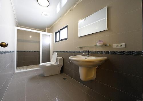 馬公市的住宿－美海奇民宿，一间带卫生间和水槽的浴室