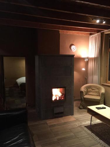 a living room with a fireplace and a couch at in Den Akker in Oudenaarde