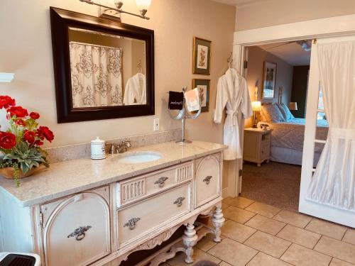 ein Bad mit einem Waschbecken und einem Spiegel in der Unterkunft Second Street Cottages in Ashland