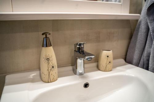 a bathroom sink with a soap dispenser on it at Otepää Holiday Apartment in Otepää