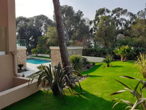 a garden with a palm tree and a swimming pool at VILLA FLORENTINA in Saint-Raphaël