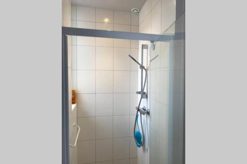 een badkamer met een douche en een glazen deur bij RARE PETIT COCON F1 Calme possibilité jacuzzi hammam en sus in Chamalières